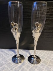 Wedding Champagne Glass Set Of 2 Silver Toasting Flute Glasses Rhinestone Heart