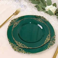 10 HUNTER GREEN GOLD 8″ Round Plastic Salad Dinner PLATES Embossed Baroque Rim