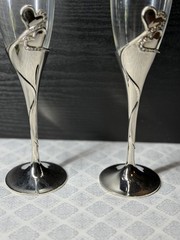 Wedding Champagne Glass Set Of 2 Silver Toasting Flute Glasses Rhinestone Heart