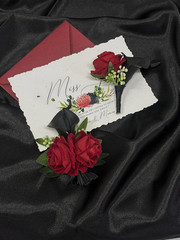 Red Rose Corsage and Black Calla Lily Boutonniere Set for Weddings and Prom
