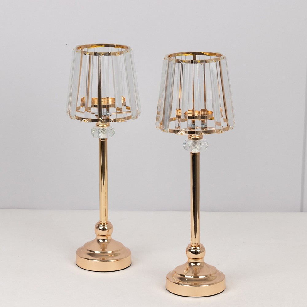 2 Gold Clear 15″ Metal Votive Candle Holders Crystal Glass Lamp Shade Events