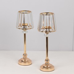 2 Gold Clear 15″ Metal Votive Candle Holders Crystal Glass Lamp Shade Events