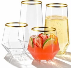 48 Pack Plastic Glasses – 24 x 9oz Stemless Champagne Flutes & Gold Rim Diamond
