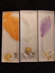 3 New Ballpoint Ostrich Feather Pen Plume Purple Orange White Gold Stand Wedding