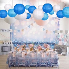 Hanging Paper Lanterns, 12 Pcs Round Chinese Decor, Home Party Wedding, Blue