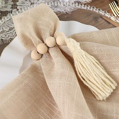 4 Cream Round Wood Bead Napkin Rings Tassels Wedding Party Events 7″,