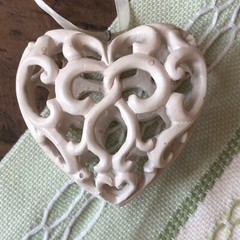 Romantic Antique Bone/Shell Look Carved Heart Ornament Christmas Baptism Wedding