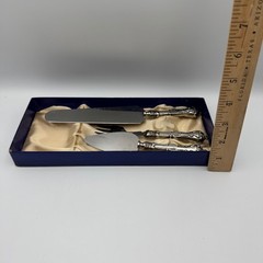 Vintage Ornate Silver Plated 3pc Cake Pie Serving Set Stainless Steel Blades Box