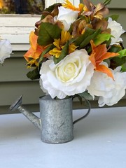 24 Orange, Brown, yellow, white, green, floral wedding centerpieces & burlap.