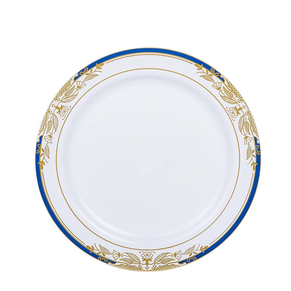10″ White ROUND PLATES Royal Blue Gold Trim Party Wedding Disposable Tableware