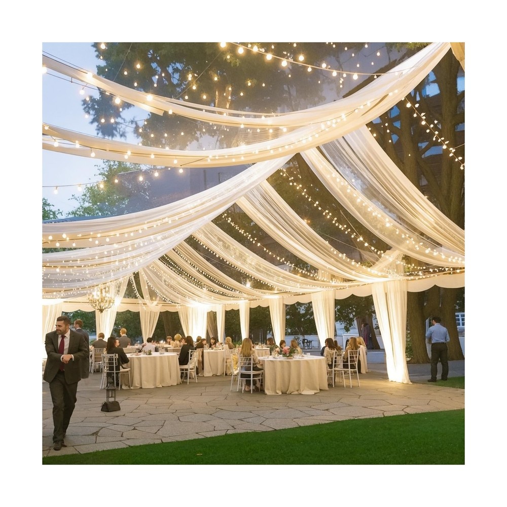 Ivory Ceiling Drapes with Lights String for Weddings, 6 Panels 5ftx20ft Sheer…