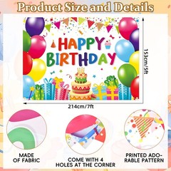 7 x 5 FT Happy Birthday Backdrop – Colorful Birthday Banner Wall Hanging, Fun…