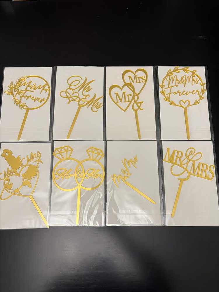 Set of 8 Gold Acrylic Wedding Cake Toppers Bridal Shower Anniversary New