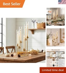 6-Arm Gold Candelabra, 23.96″ Tall Candelabra Centerpieces for Tables with Gl…
