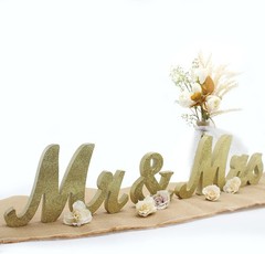 Golden Wooden Mr & Mrs Sign for Wedding & Anniversary Tables, 12.2×5.9