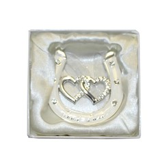 Wedding Good Luck Double Heart Horseshoe with Diamanté Silver / Enamel