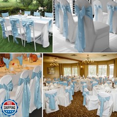 fani 60 PCS Baby Blue Satin Chair Sashes Bows Universal Chair Cover for Weddi