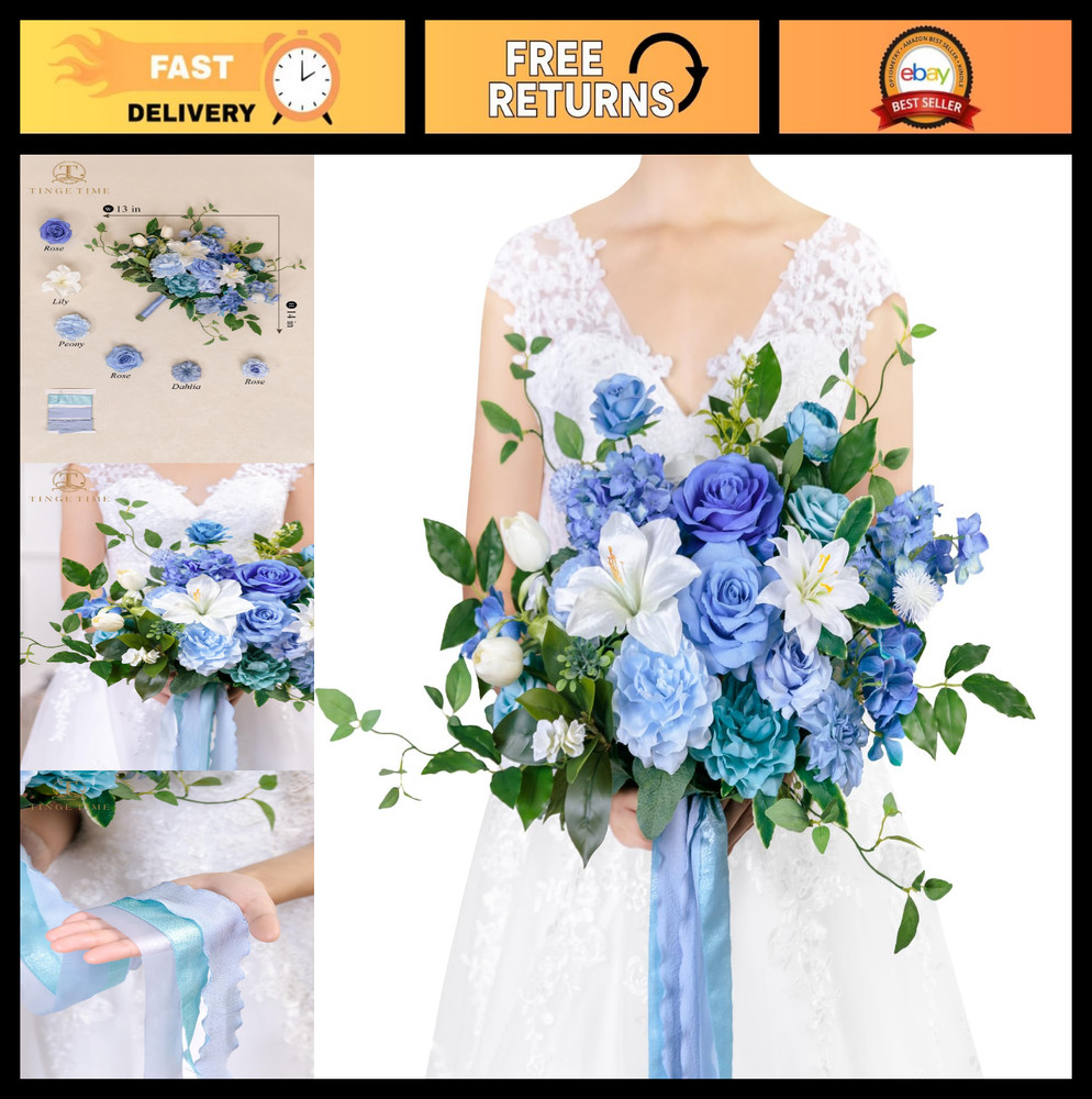 13″ Artificial Silk Wedding Bouquet for Bride – Provence Blue Floral Arrangement