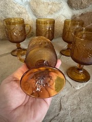 Vintage Glass Set of 8 Goblet MCM Orange Colored Raised Pattern Goblet 5.5″ tall