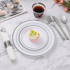 175 Piece Plastic Dinnerware Set for 25 Guests, Silver 175 Piece (25 guests)