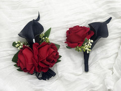 Red Rose Corsage and Black Calla Lily Boutonniere Set for Weddings and Prom