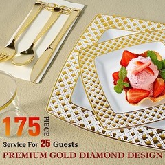 175 Ct Gold Dinnerware Set for 25 Guests – Square Gold Diamond Rim Plates