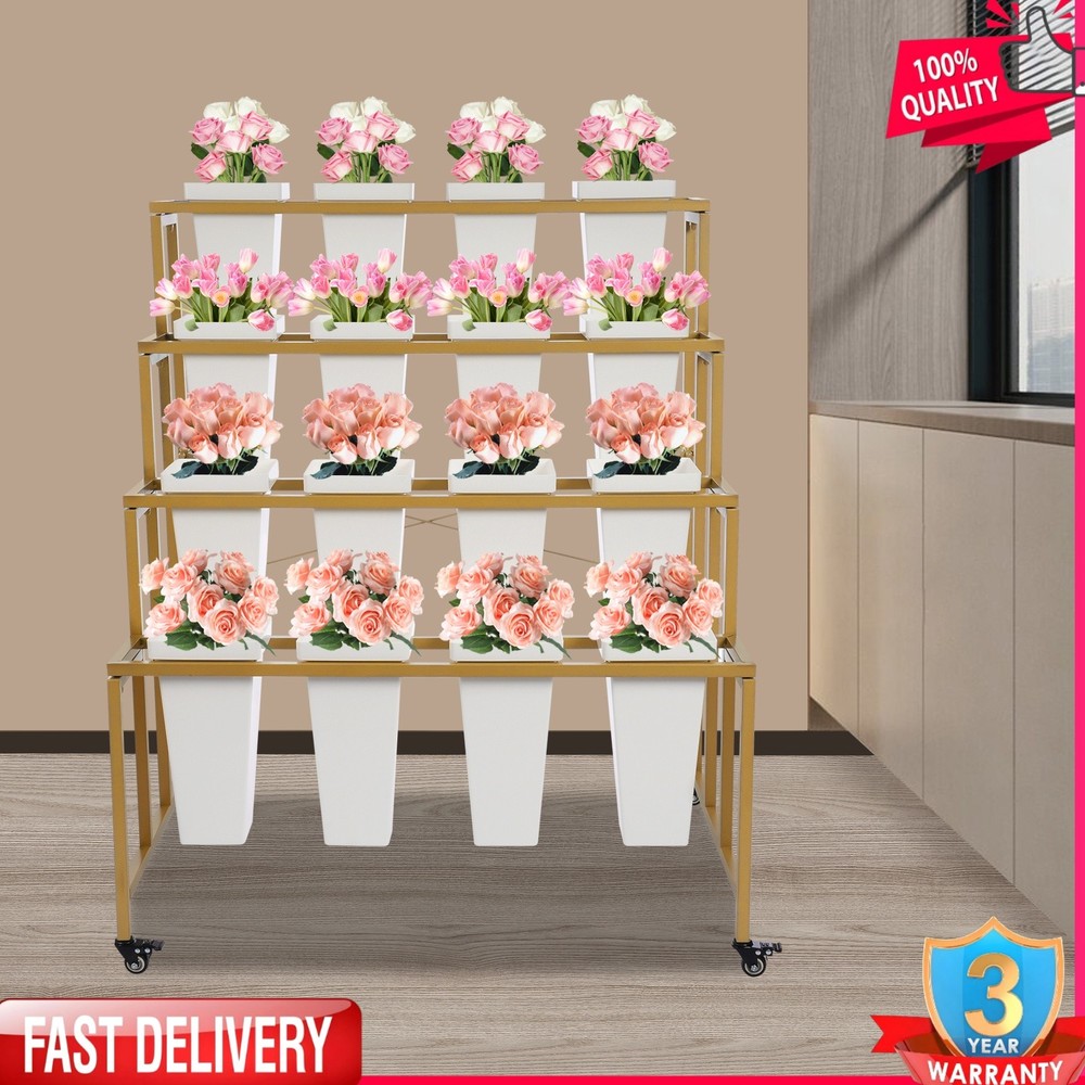 4-tier Flower Holder Flower Display Stand with 16 Pieces Buckets Metal PP