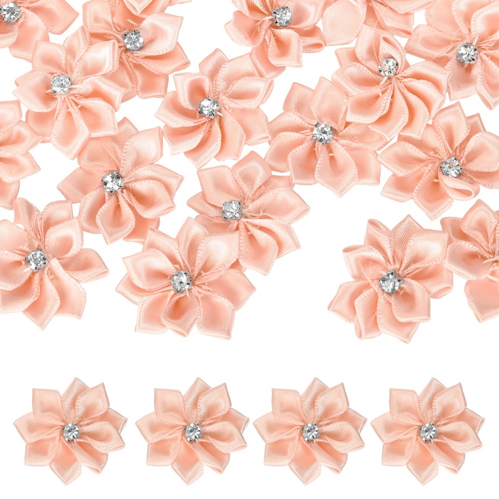 100 Pcs Ribbon Flowers, 1.2 in Fabric Flowers with Rhinestones, Light Pink