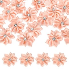100 Pcs Ribbon Flowers, 1.2 in Fabric Flowers with Rhinestones, Light Pink