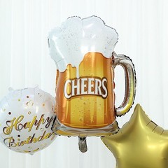 5 WHITE GOLD Round Beer Mug Stars Happy Birthday Mylar Foil BALLOONS Set Party
