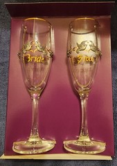 Rawcliffe Bride & Groom Champagne Flutes Pewter Doves Flowers Ribbons Gold