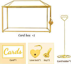 Glass Wedding Card Box with Lock, 12.6X5.9X9 Inches Large Gold Card Boxes for We