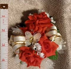 NEW 4.5″ Artificial Red Rose Wrist Corsage Pearls, Butterfly Gold Bow Red Bout