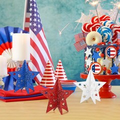 6 Inch Labor Day Decorations Wooden Stars Set 3D Patriotic Table Signs Decor