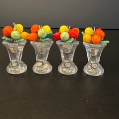 Set Of 4 Vintage Czech Glass Place Card Holder With Fruit Design Topper