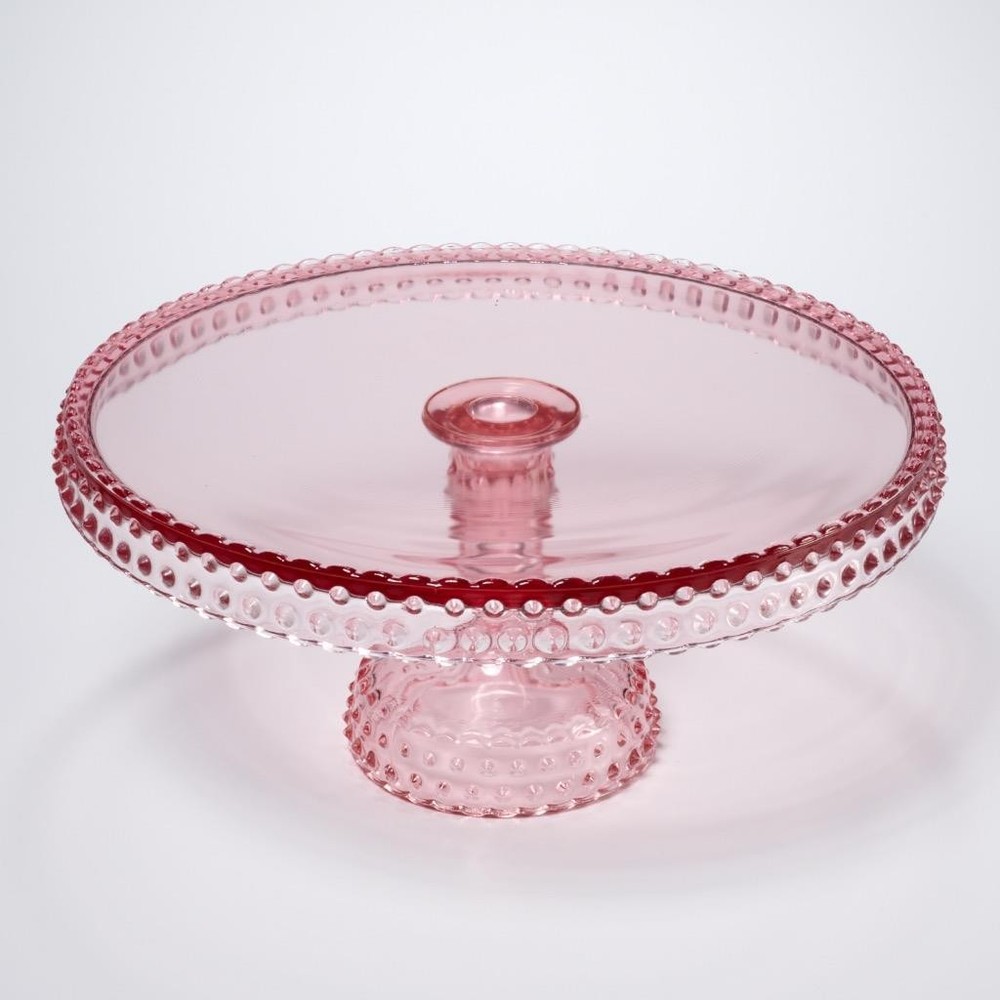 L E Smith Vtg Pink Hobnail Scalloped Pedestal Cake Plate Stand 11″dia