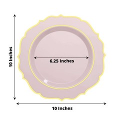 20 BLUSH 10.5″ Round Plastic Dinner Plates GOLD Scalloped Rim Events