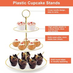 3 Tier Cupcake Stand Plastic Food Grade Round-Gold Edge Dessert Tower for Par…