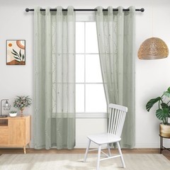 Window Curtain Sage Green Sheer Pompom 52×63 Kids Bedroom Living Room Panel Pair