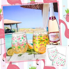 6 Pcs Stemless Wine Glasses, 15 oz Summer Cocktails Glass, Hawaiian Flamingo