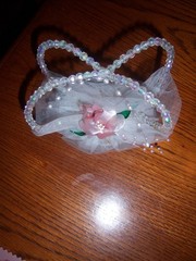 VTG NICE BEADED HEARTS FABRIC WIRE PLASTIC PINK FLOWERS Wedding Cake Topper 7″