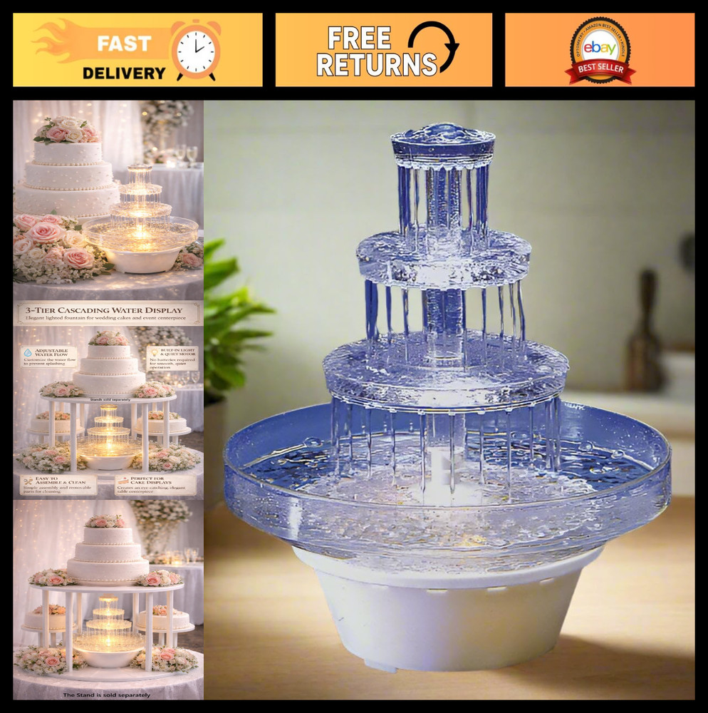 12.5″ Lighted 3-Tier Wedding Cake Fountain – Clear Decorative Centerpiece, Plug-