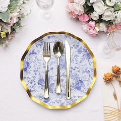 25 Round 10″ BLUE Paper Salad Plates Gold Wavy Rim Party Tableware Decorations