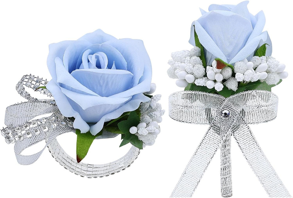 2Pcs Light Blue Rose Corsage and Men Boutonniere Set Women Wristlet Band Wrist B