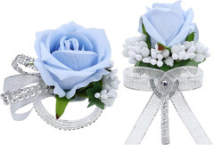 2Pcs Light Blue Rose Corsage and Men Boutonniere Set Women Wristlet Band Wrist B