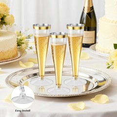 20 Pack Champagne Flutes Plastic Wine Glasses Disposable, 4.5 20 Count Gold Rim