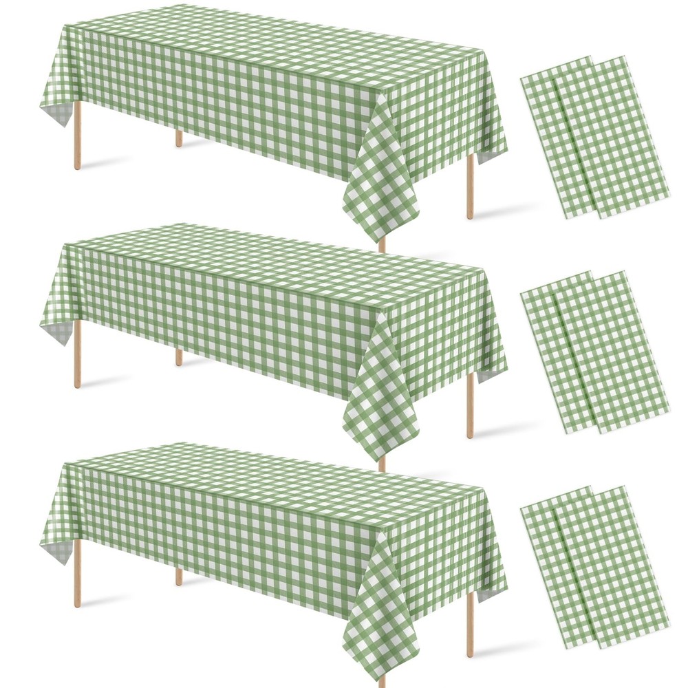 6 Pcs Sage Green Gingham Tablecloth Decorations, Disposable Plastic Green