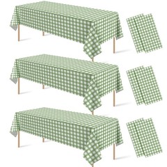 6 Pcs Sage Green Gingham Tablecloth Decorations, Disposable Plastic Green