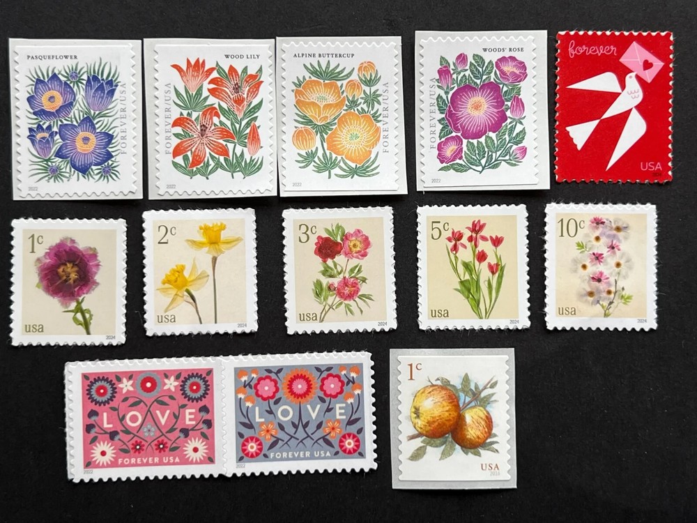 FLOWERS, FRUIT, and LOVE on Stamps – 13 individual MINT usable postage – Lot#1