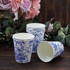 24 WHITE 9 oz Blue Floral Design Paper CUPS GOLD Rim Party Events Decorations